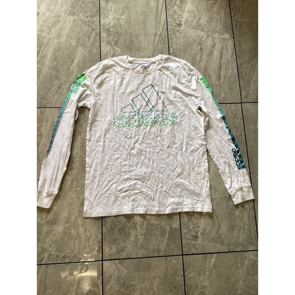 Adidas Shirt Youth XL 18/20 White Long Sleeve 3-Stripes Badge of Sport Logo Tee - Picture 1 of 5